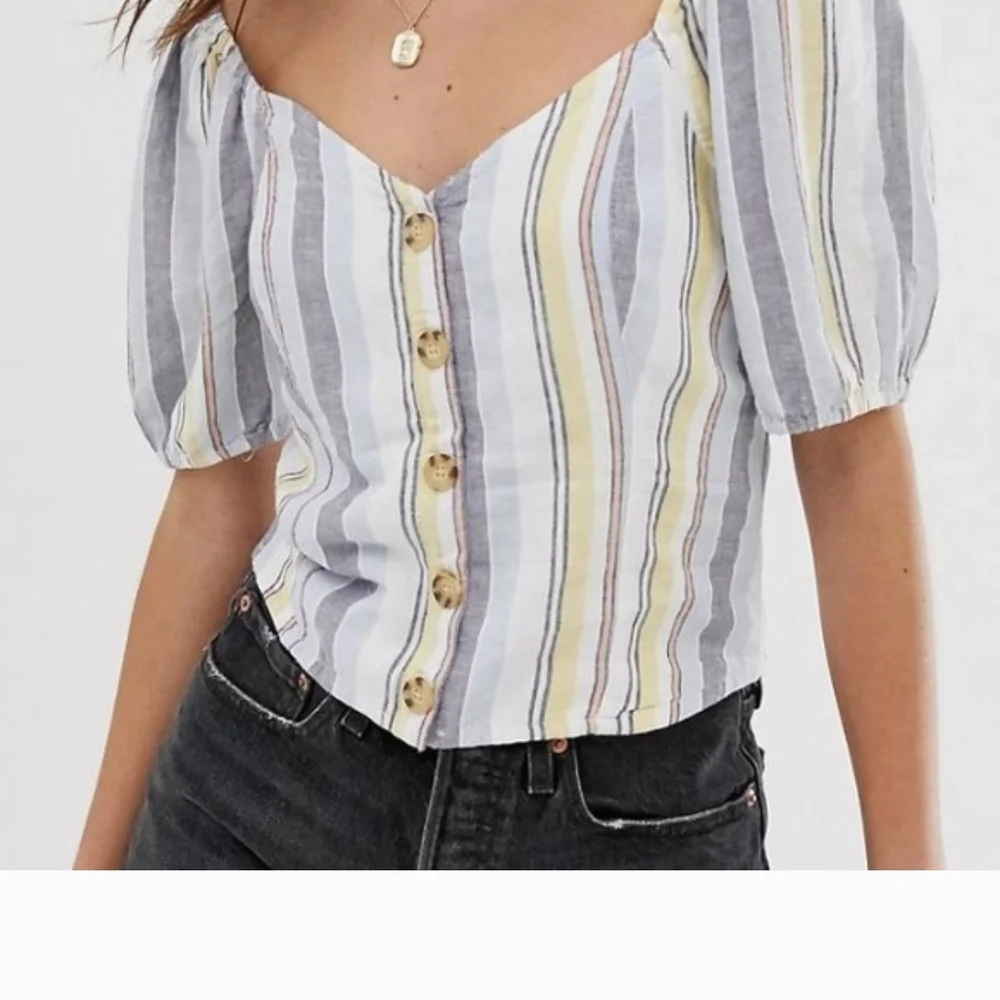 Striped Puff-Sleeve Button-Front Crop Top in Blue/White/Yellow